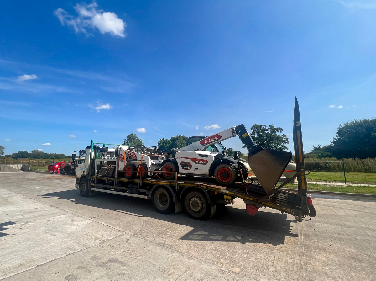 Beavertail lorry loaded with a telehandler and loading shovel