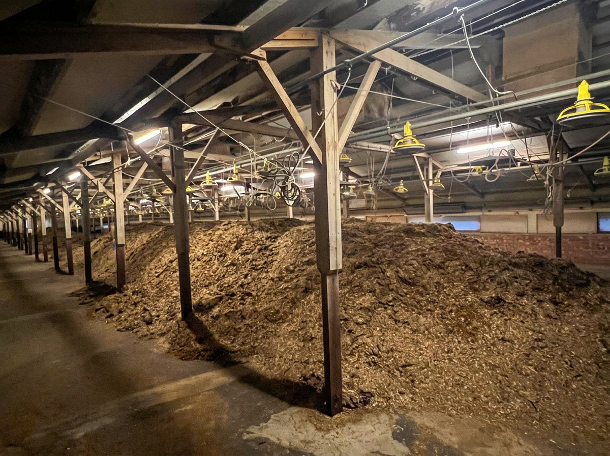 Heaped litter inside a poultry shed during a clear-out
